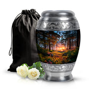 Glossy Black Campfire Cremation Urn back view with polished surface - ornate monarch-style campfire relief on brushed aluminum - full-size 10 inch 200 cubic inch adult cremation urn