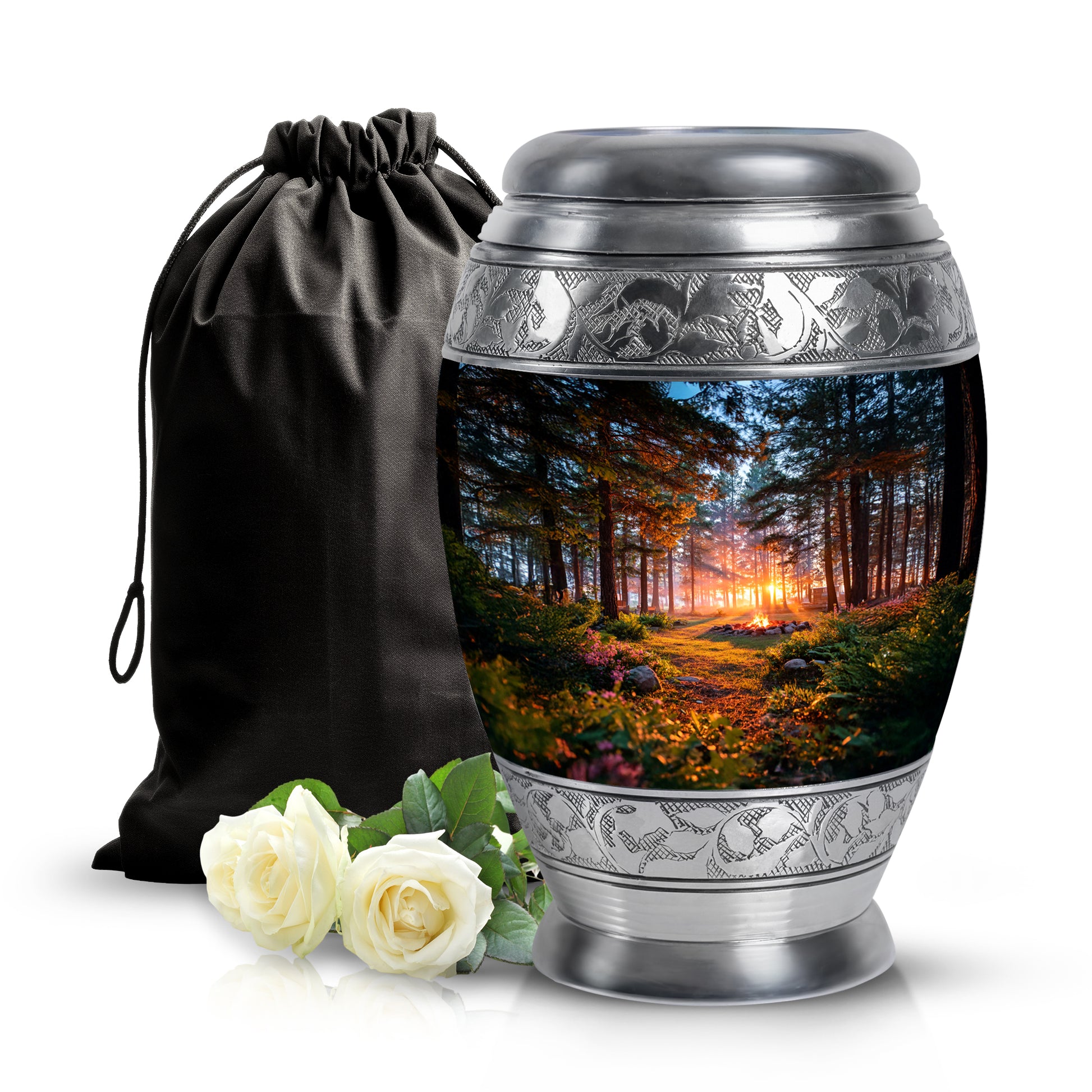 Glossy Black Campfire Cremation Urn back view with polished surface - ornate monarch-style campfire relief on brushed aluminum - full-size 10 inch 200 cubic inch adult cremation urn