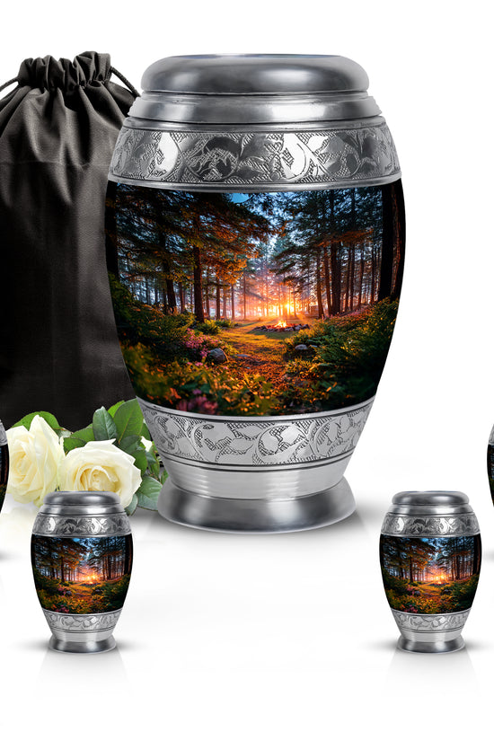 Charcoal Black Campfire Cremation Urn detail view - majestic campfire pattern with filigree border - memorial set with one large and four small urns