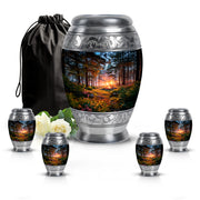 Charcoal Black Campfire Cremation Urn detail view - majestic campfire pattern with filigree border - memorial set with one large and four small urns