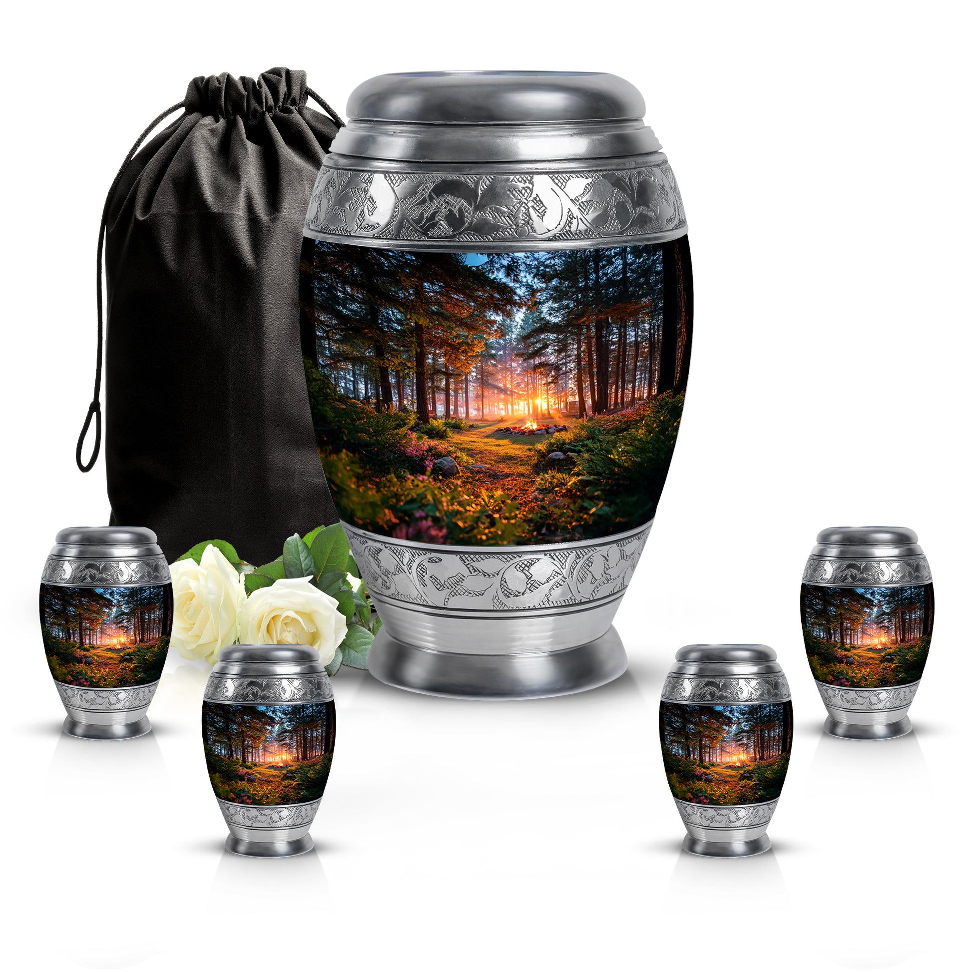 Charcoal Black Campfire Cremation Urn detail view - majestic campfire pattern with filigree border - memorial set with one large and four small urns