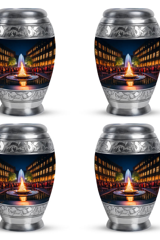 Midnight Black Campfire Cremation Urn urn with complimentary velvet bag - royal campfire engraving with decorative scrollwork - 10 inch aluminum urn for cremated remains