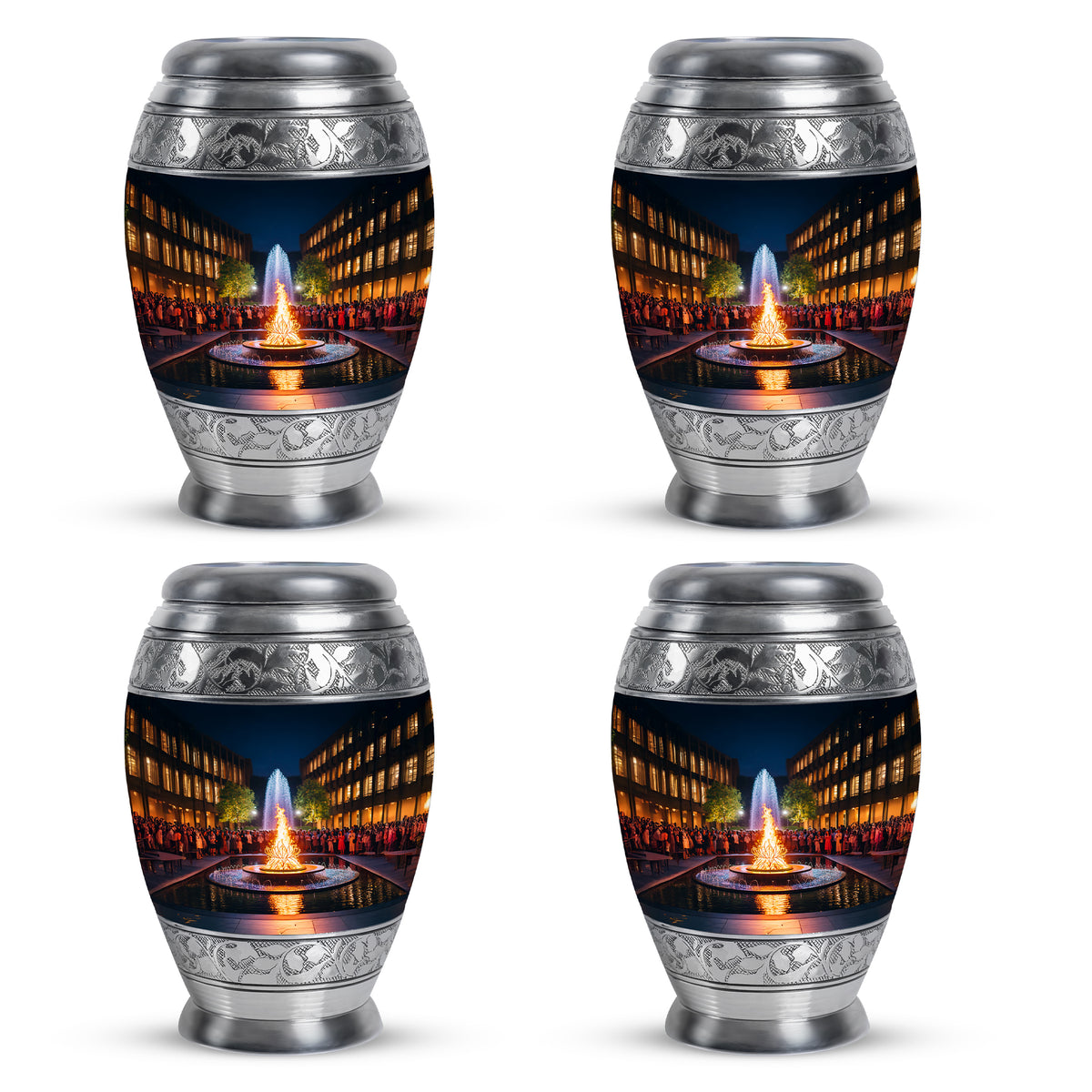 Midnight Black Campfire Cremation Urn urn with complimentary velvet bag - royal campfire engraving with decorative scrollwork - 10 inch aluminum urn for cremated remains