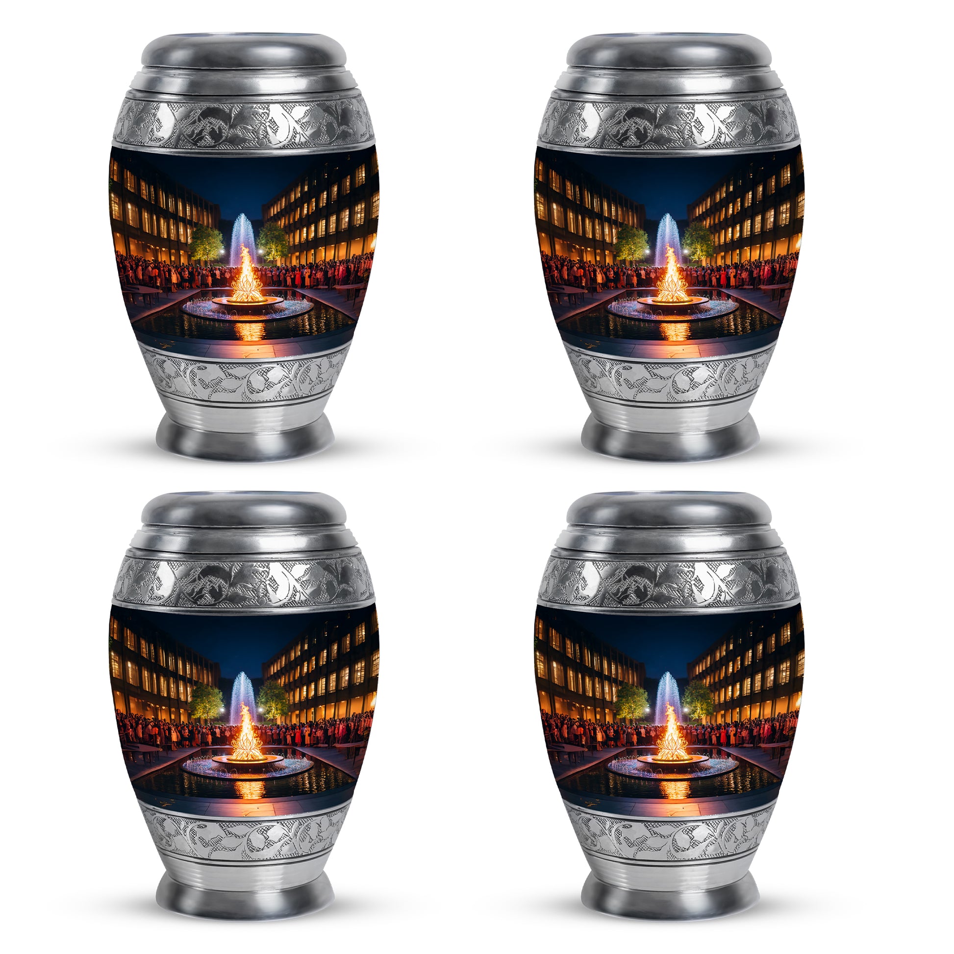Midnight Black Campfire Cremation Urn urn with complimentary velvet bag - royal campfire engraving with decorative scrollwork - 10 inch aluminum urn for cremated remains