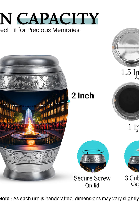 Charcoal Black Campfire Cremation Urn lifestyle display on memorial shelf - majestic campfire pattern with filigree border - mini keepsake memorial for portion of cremation ashes