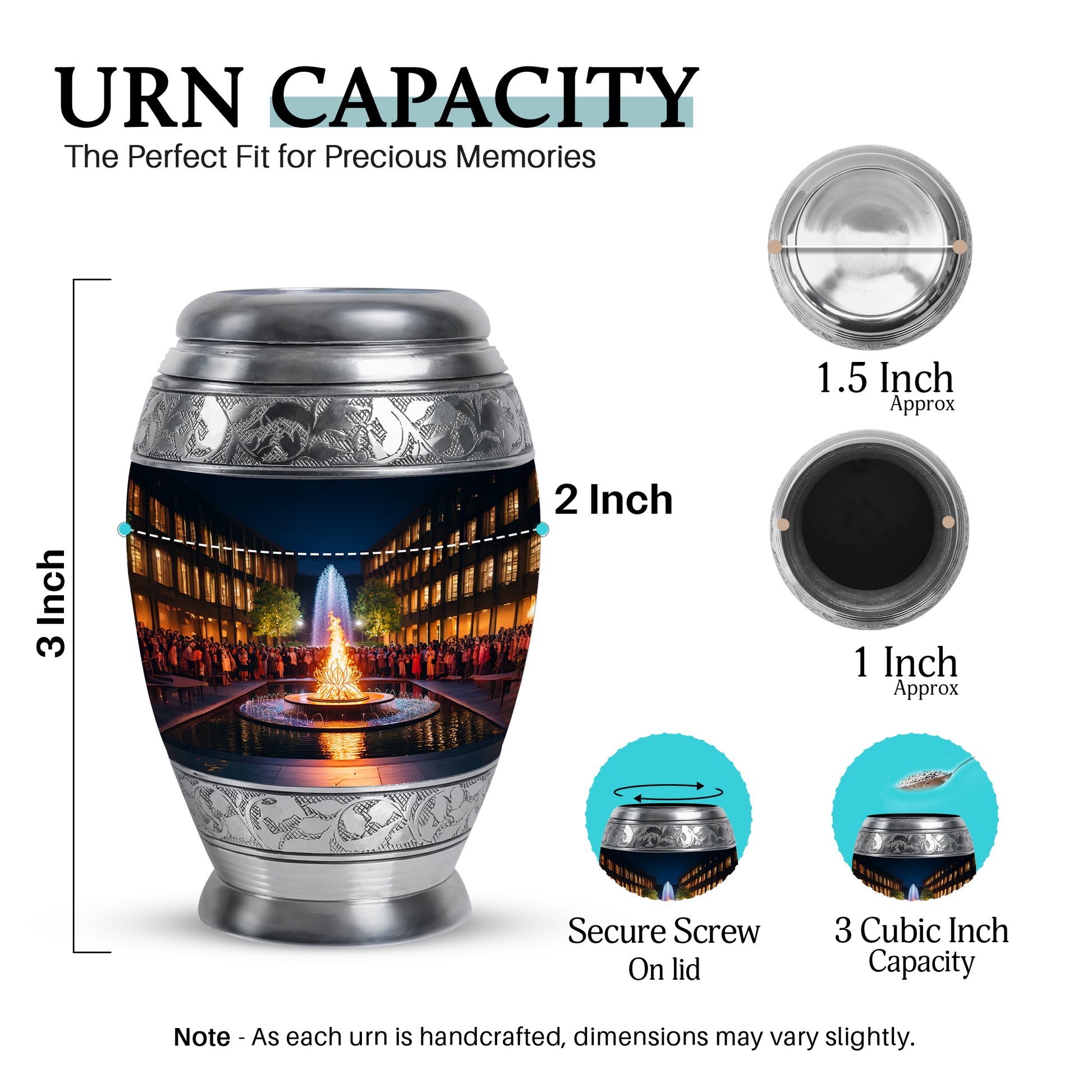 Charcoal Black Campfire Cremation Urn lifestyle display on memorial shelf - majestic campfire pattern with filigree border - mini keepsake memorial for portion of cremation ashes