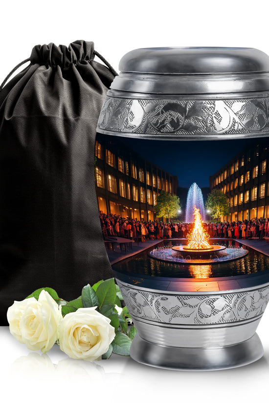 Charcoal Black Campfire Cremation Urn back view with polished surface - royal campfire engraving with decorative scrollwork - full-size 10 inch 200 cubic inch adult cremation urn