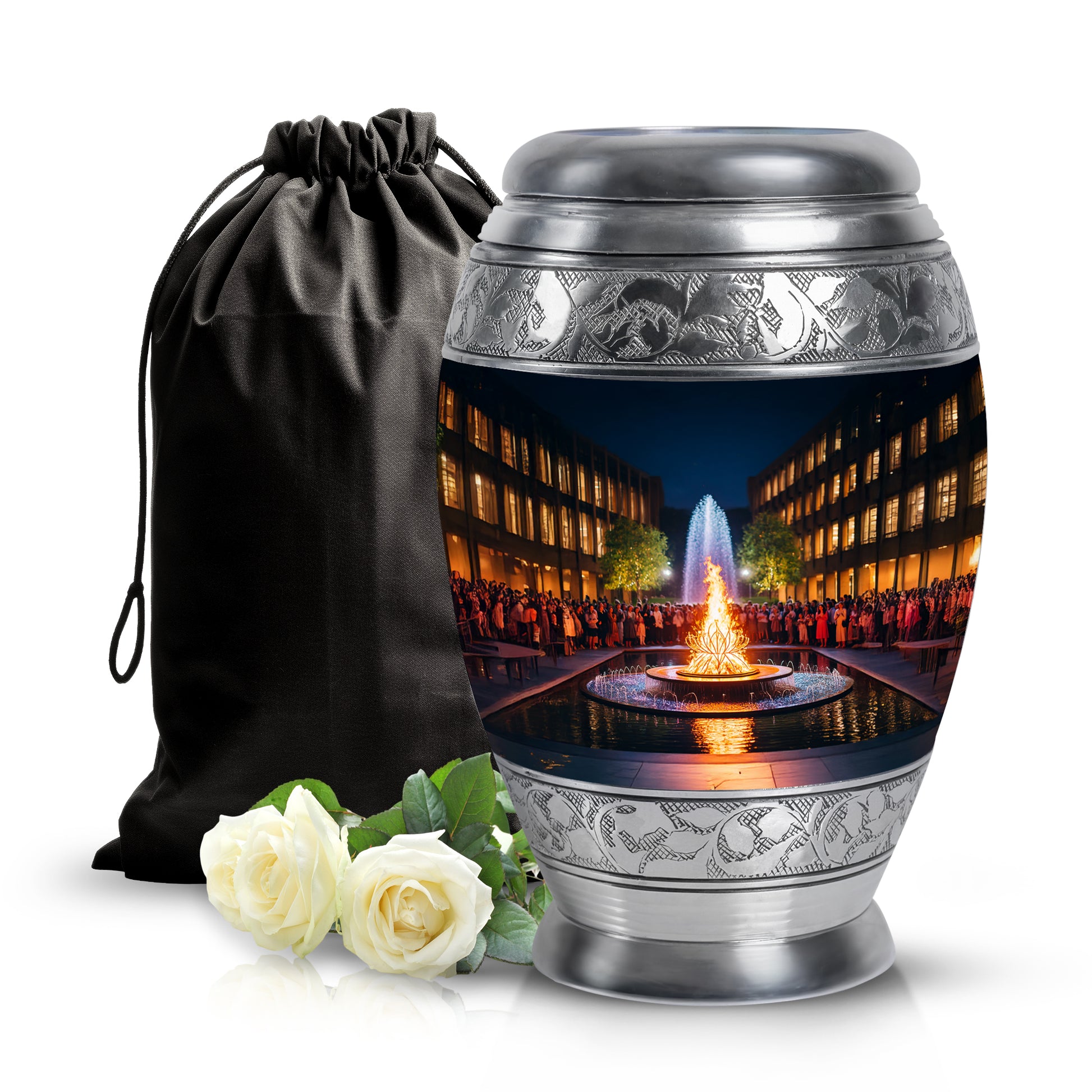 Charcoal Black Campfire Cremation Urn back view with polished surface - royal campfire engraving with decorative scrollwork - full-size 10 inch 200 cubic inch adult cremation urn
