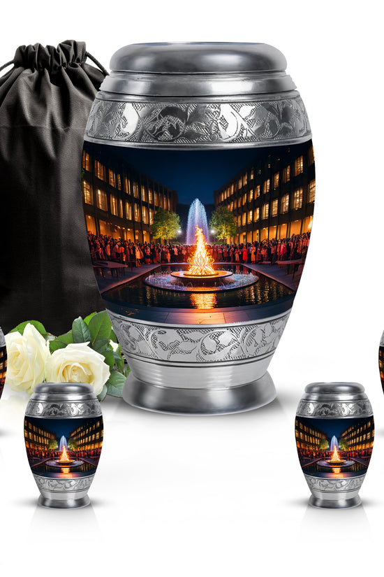 Rich Black Campfire Cremation Urn detail view - ornate monarch-style campfire relief on brushed aluminum - memorial set with one large and four small urns