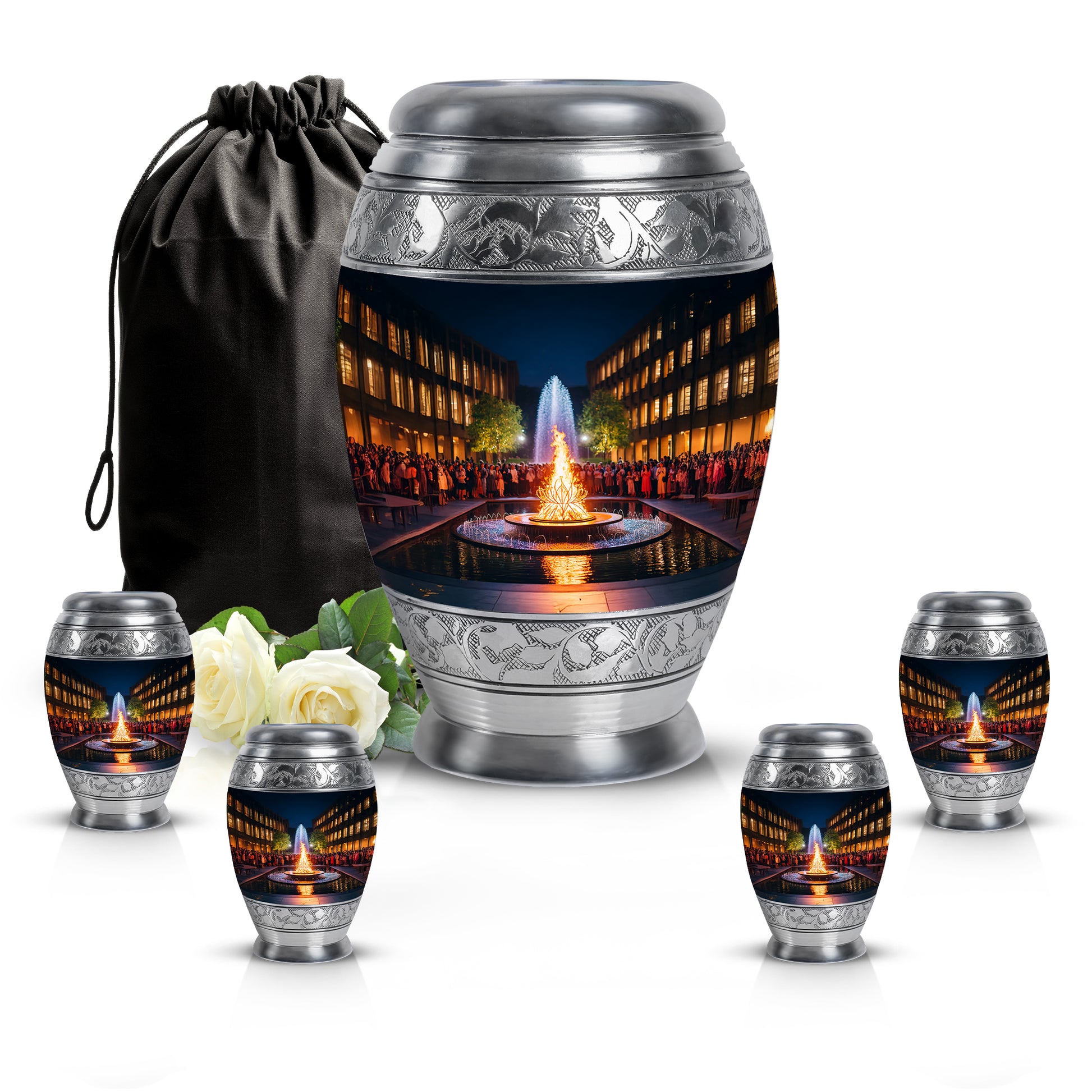 Rich Black Campfire Cremation Urn detail view - ornate monarch-style campfire relief on brushed aluminum - memorial set with one large and four small urns