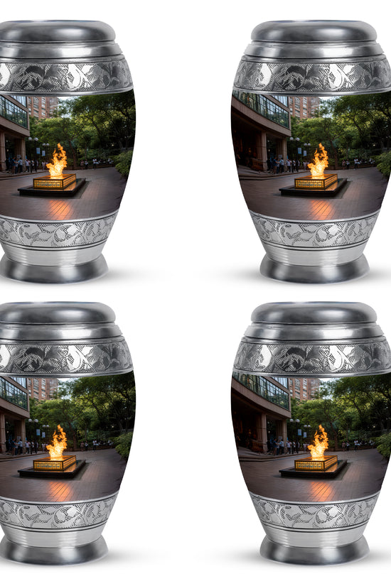 Charcoal Black Campfire Cremation Urn urn with complimentary velvet bag - royal campfire engraving with decorative scrollwork - 10 inch aluminum urn for cremated remains