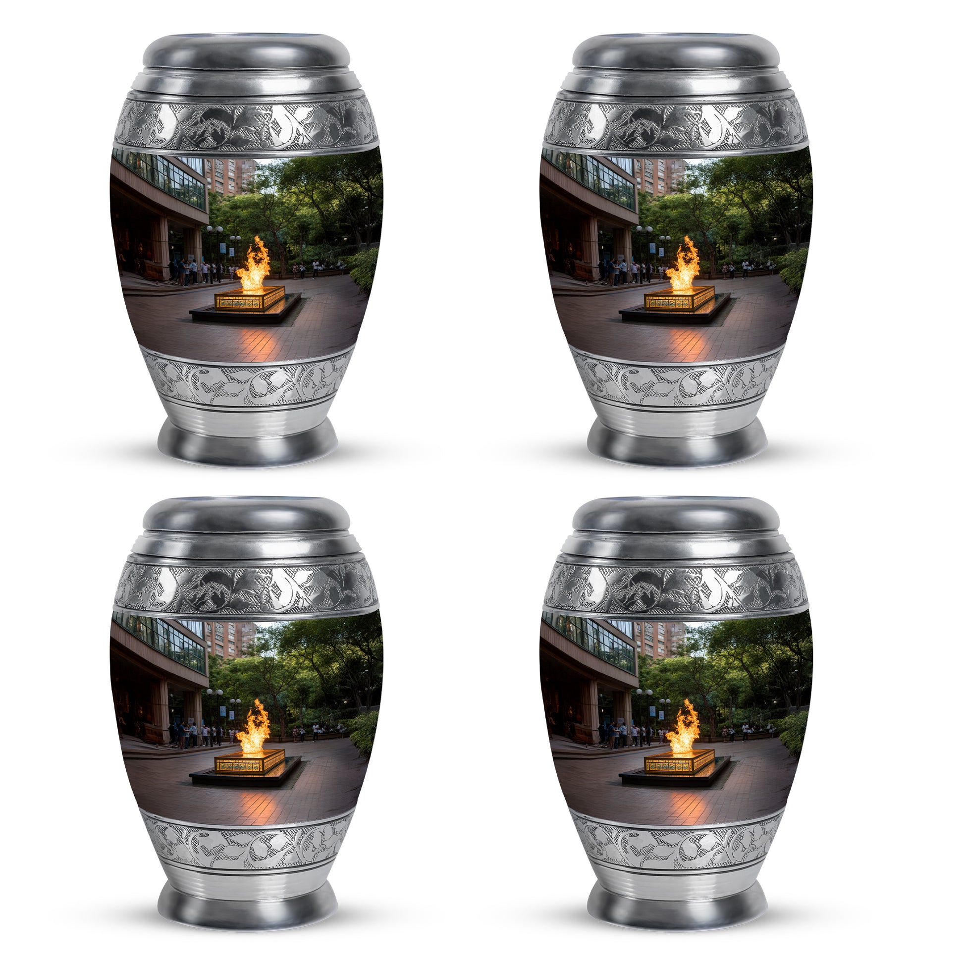 Charcoal Black Campfire Cremation Urn urn with complimentary velvet bag - royal campfire engraving with decorative scrollwork - 10 inch aluminum urn for cremated remains