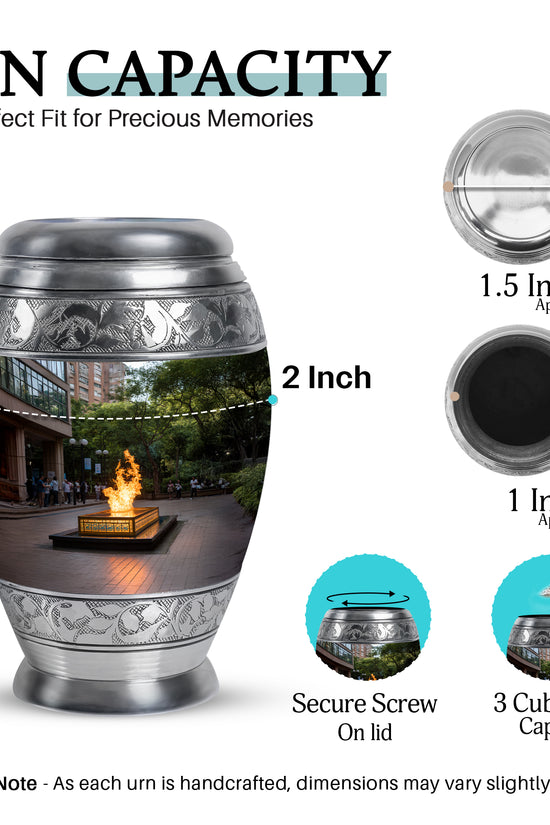 Deep Black Campfire Cremation Urn lifestyle display on memorial shelf - regal campfire design with crown-inspired accents - mini keepsake memorial for portion of cremation ashes
