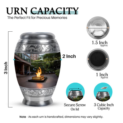 Deep Black Campfire Cremation Urn lifestyle display on memorial shelf - regal campfire design with crown-inspired accents - mini keepsake memorial for portion of cremation ashes