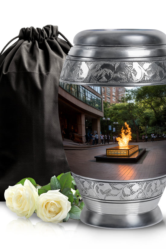 Onyx Black Campfire Cremation Urn back view with polished surface - royal campfire engraving with decorative scrollwork - full-size 10 inch 200 cubic inch adult cremation urn