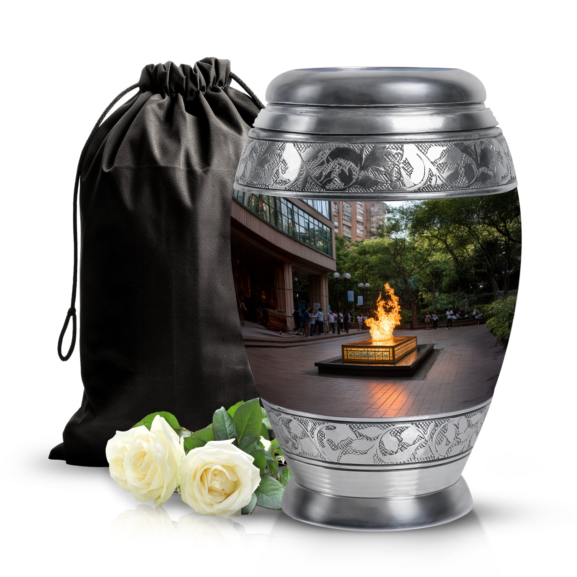 Onyx Black Campfire Cremation Urn back view with polished surface - royal campfire engraving with decorative scrollwork - full-size 10 inch 200 cubic inch adult cremation urn