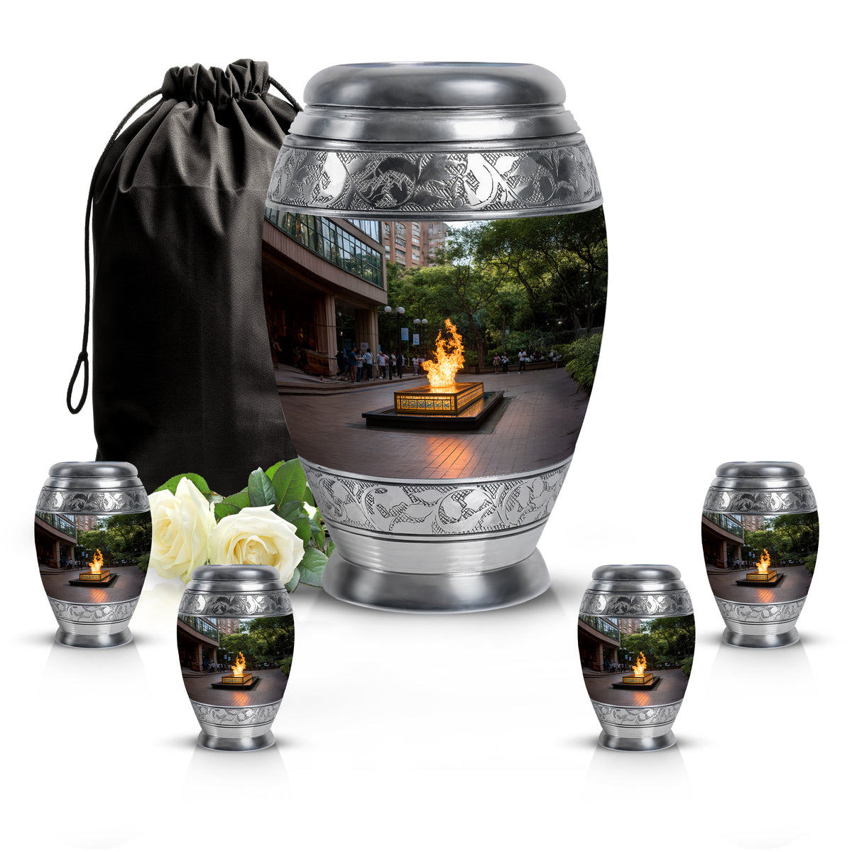Charcoal Black Campfire Cremation Urn detail view - majestic campfire pattern with filigree border - memorial set with one large and four small urns