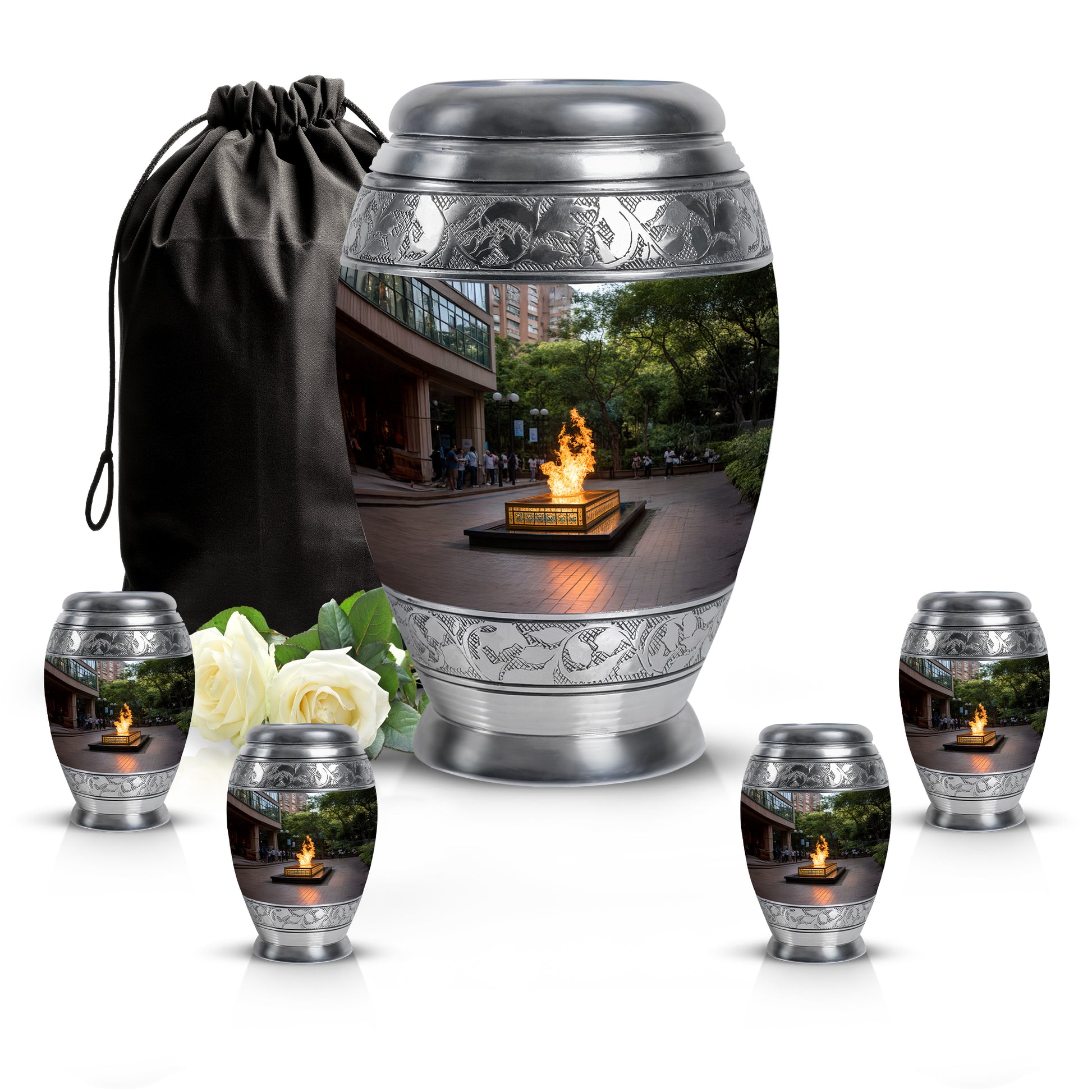 Charcoal Black Campfire Cremation Urn detail view - majestic campfire pattern with filigree border - memorial set with one large and four small urns