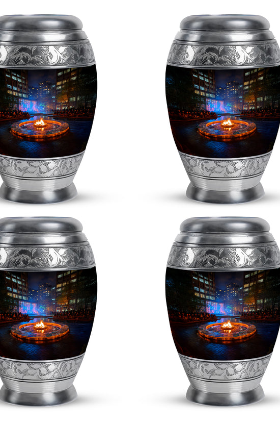 Rich Black Campfire Cremation Urn urn with complimentary velvet bag - regal campfire design with crown-inspired accents - 10 inch aluminum urn for cremated remains