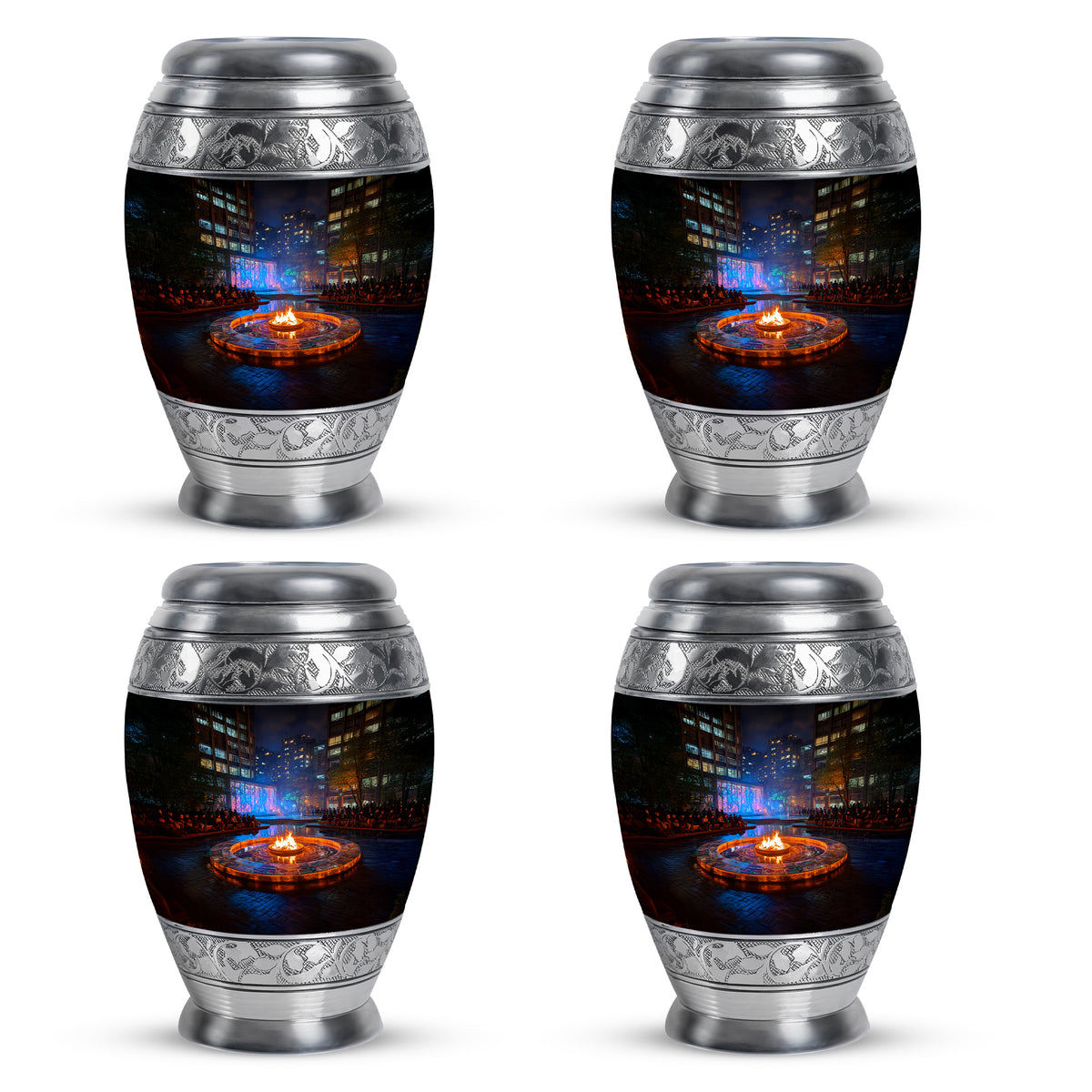 Rich Black Campfire Cremation Urn urn with complimentary velvet bag - regal campfire design with crown-inspired accents - 10 inch aluminum urn for cremated remains