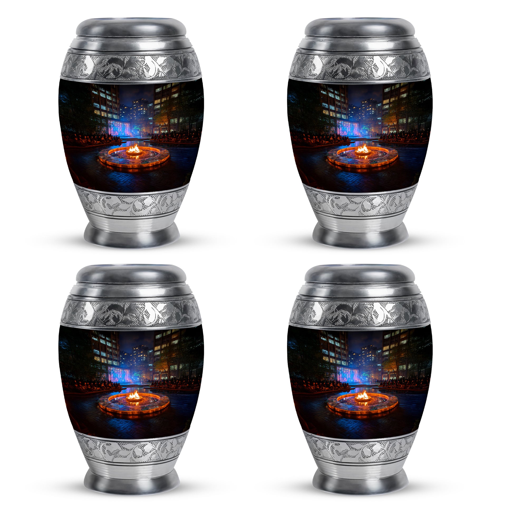 Rich Black Campfire Cremation Urn urn with complimentary velvet bag - regal campfire design with crown-inspired accents - 10 inch aluminum urn for cremated remains