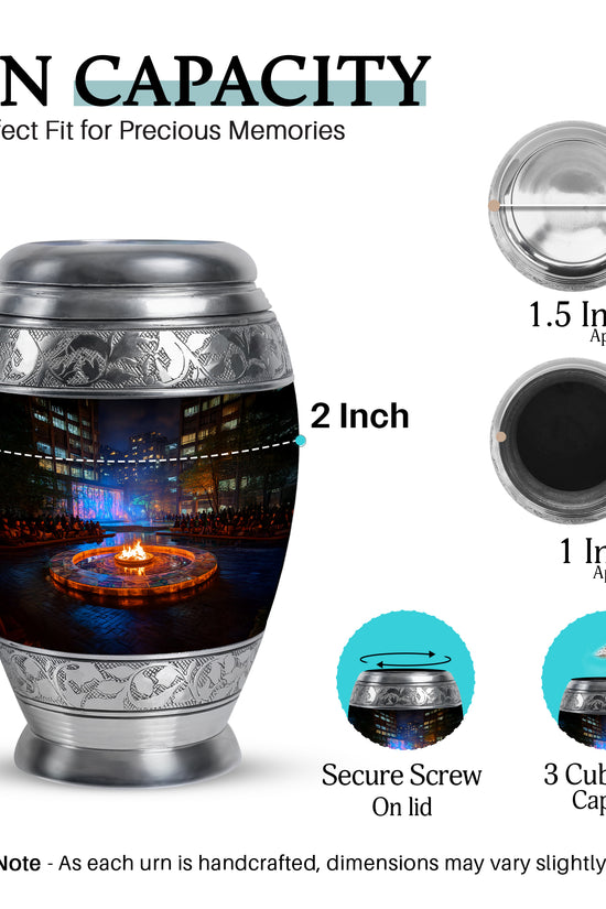 Dark Black Campfire Cremation Urn lifestyle display on memorial shelf - majestic campfire pattern with filigree border - mini keepsake memorial for portion of cremation ashes