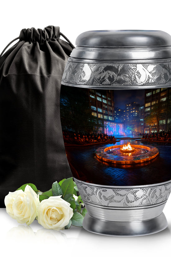 Ebony Campfire Cremation Urn back view with polished surface - ornate monarch-style campfire relief on brushed aluminum - full-size 10 inch 200 cubic inch adult cremation urn