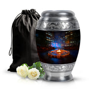 Ebony Campfire Cremation Urn back view with polished surface - ornate monarch-style campfire relief on brushed aluminum - full-size 10 inch 200 cubic inch adult cremation urn