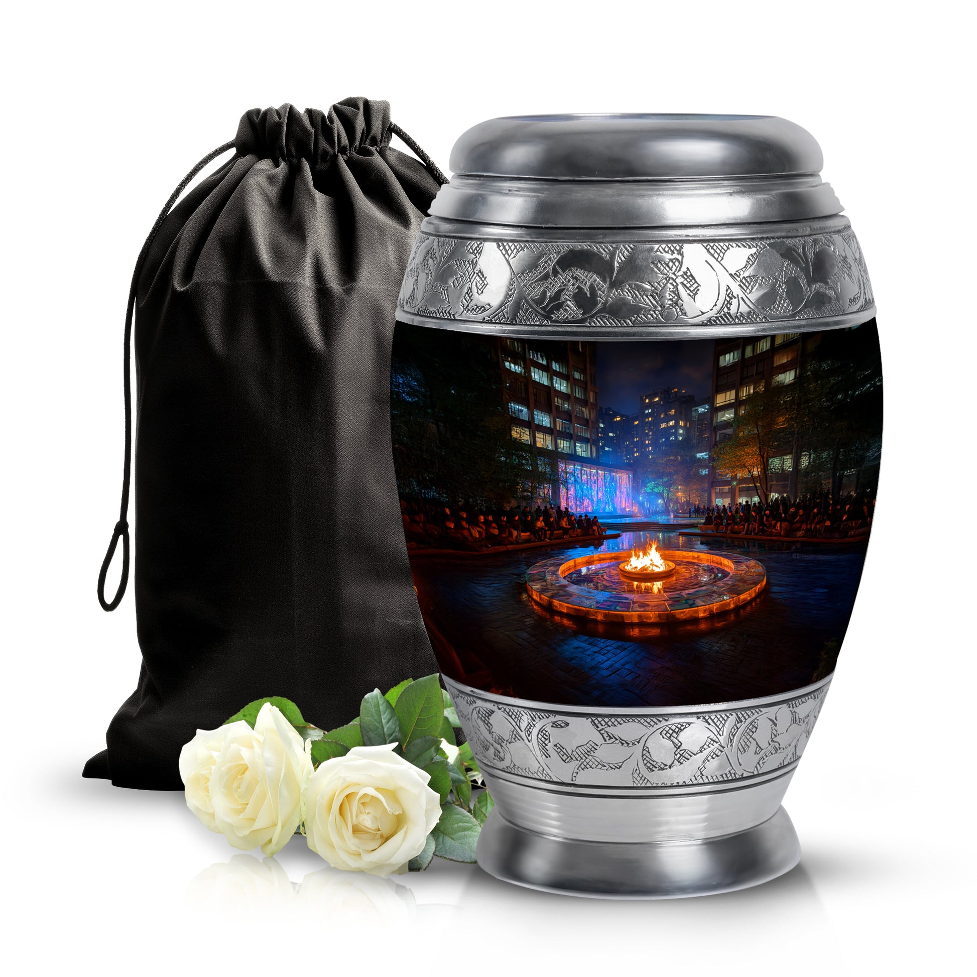 Ebony Campfire Cremation Urn back view with polished surface - ornate monarch-style campfire relief on brushed aluminum - full-size 10 inch 200 cubic inch adult cremation urn
