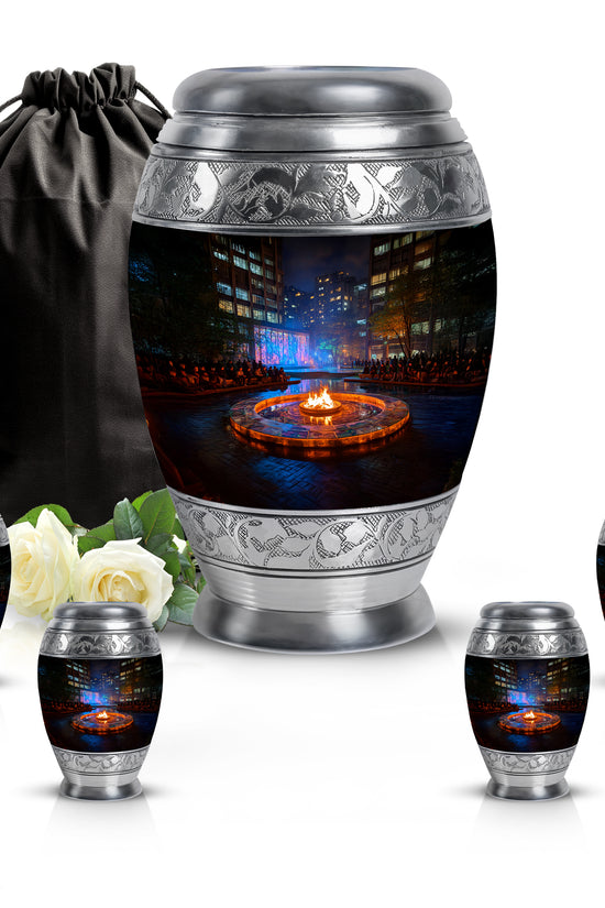 Onyx Black Campfire Cremation Urn detail view - royal campfire engraving with decorative scrollwork - memorial set with one large and four small urns