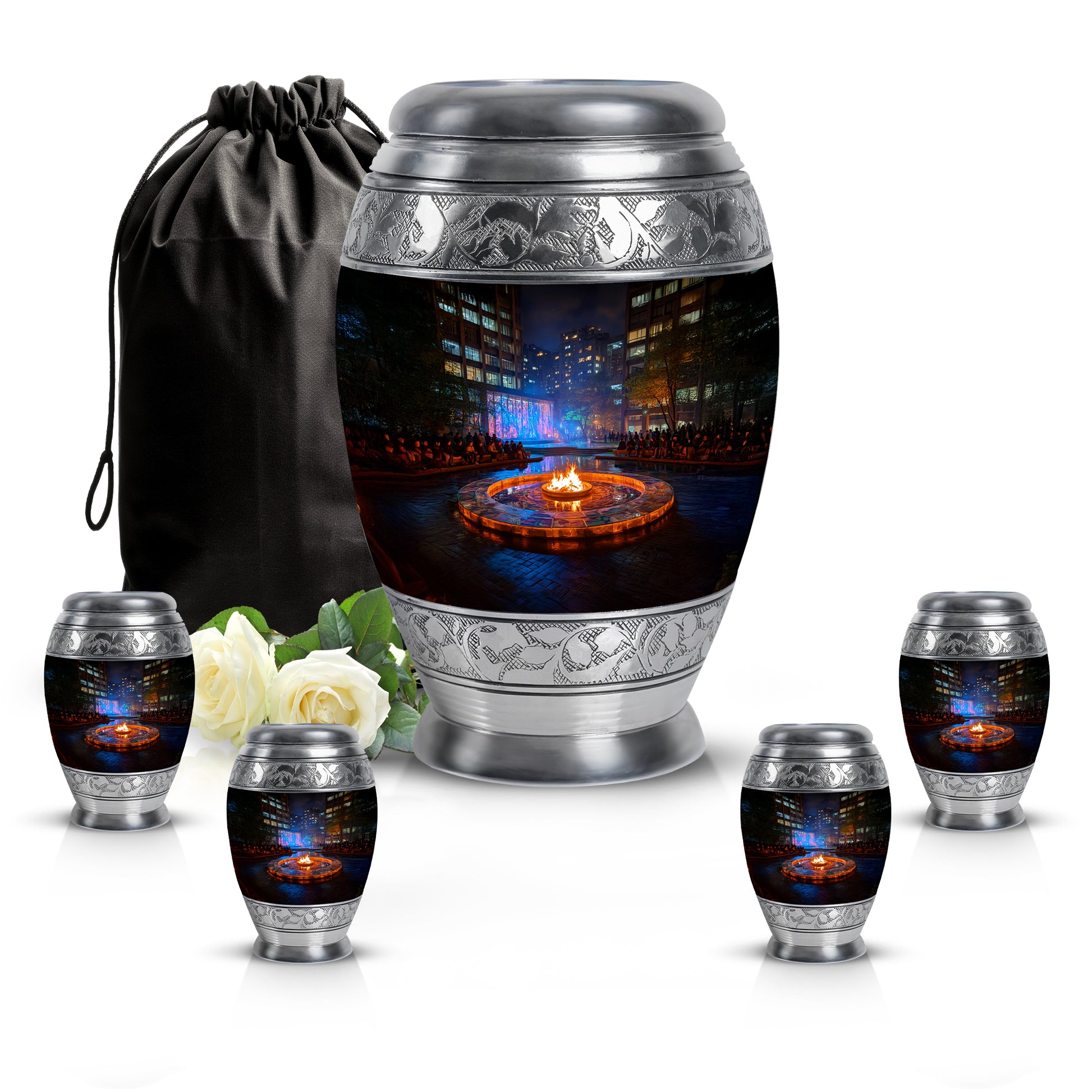Onyx Black Campfire Cremation Urn detail view - royal campfire engraving with decorative scrollwork - memorial set with one large and four small urns