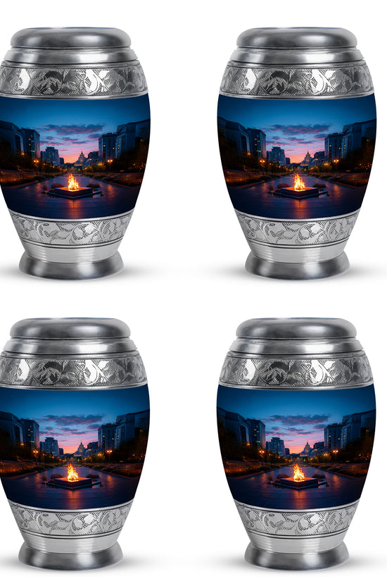 Azure Campfire Cremation Urn urn with complimentary velvet bag - ornate monarch-style campfire relief on brushed aluminum - 10 inch aluminum urn for cremated remains