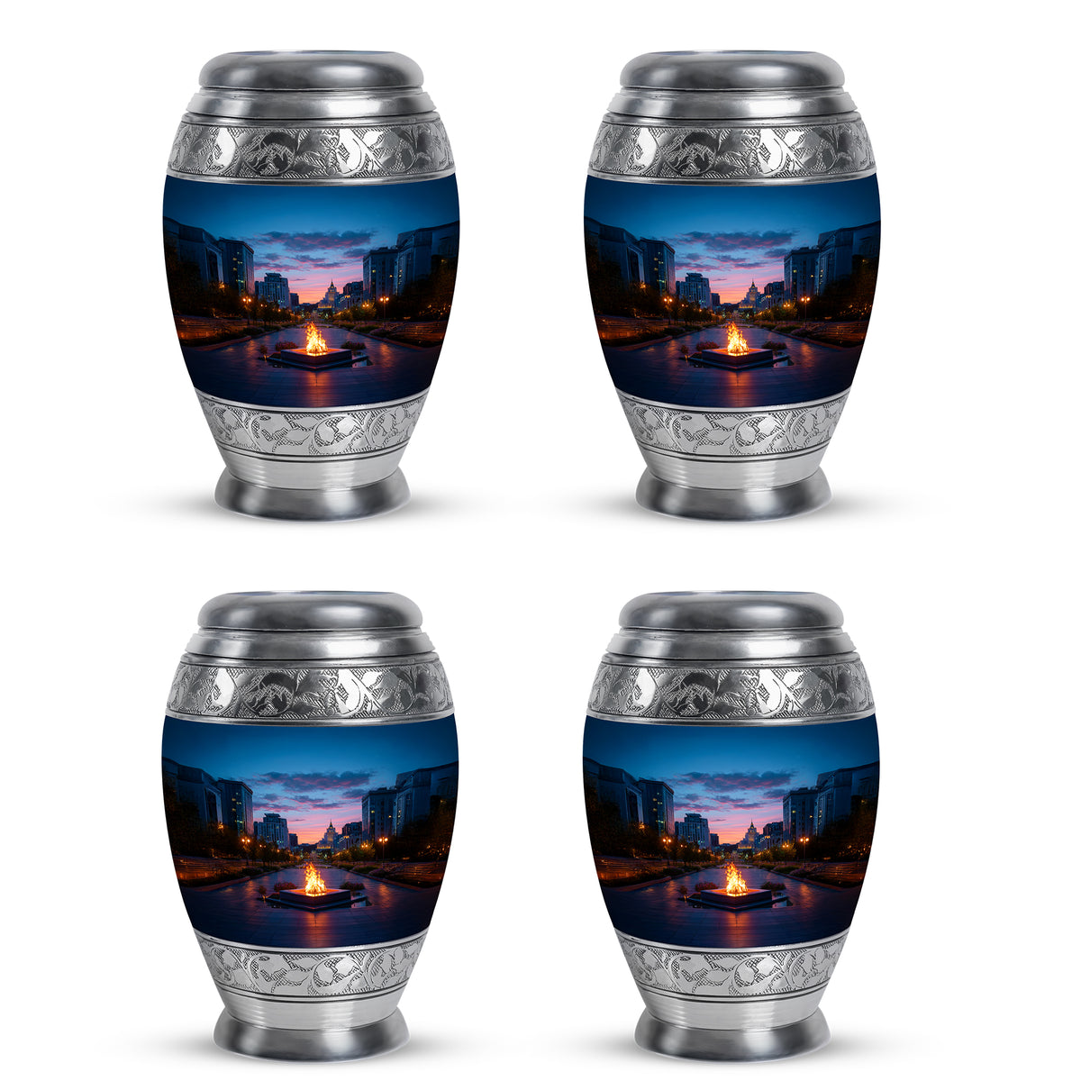 Azure Campfire Cremation Urn urn with complimentary velvet bag - ornate monarch-style campfire relief on brushed aluminum - 10 inch aluminum urn for cremated remains