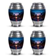 Azure Campfire Cremation Urn urn with complimentary velvet bag - ornate monarch-style campfire relief on brushed aluminum - 10 inch aluminum urn for cremated remains
