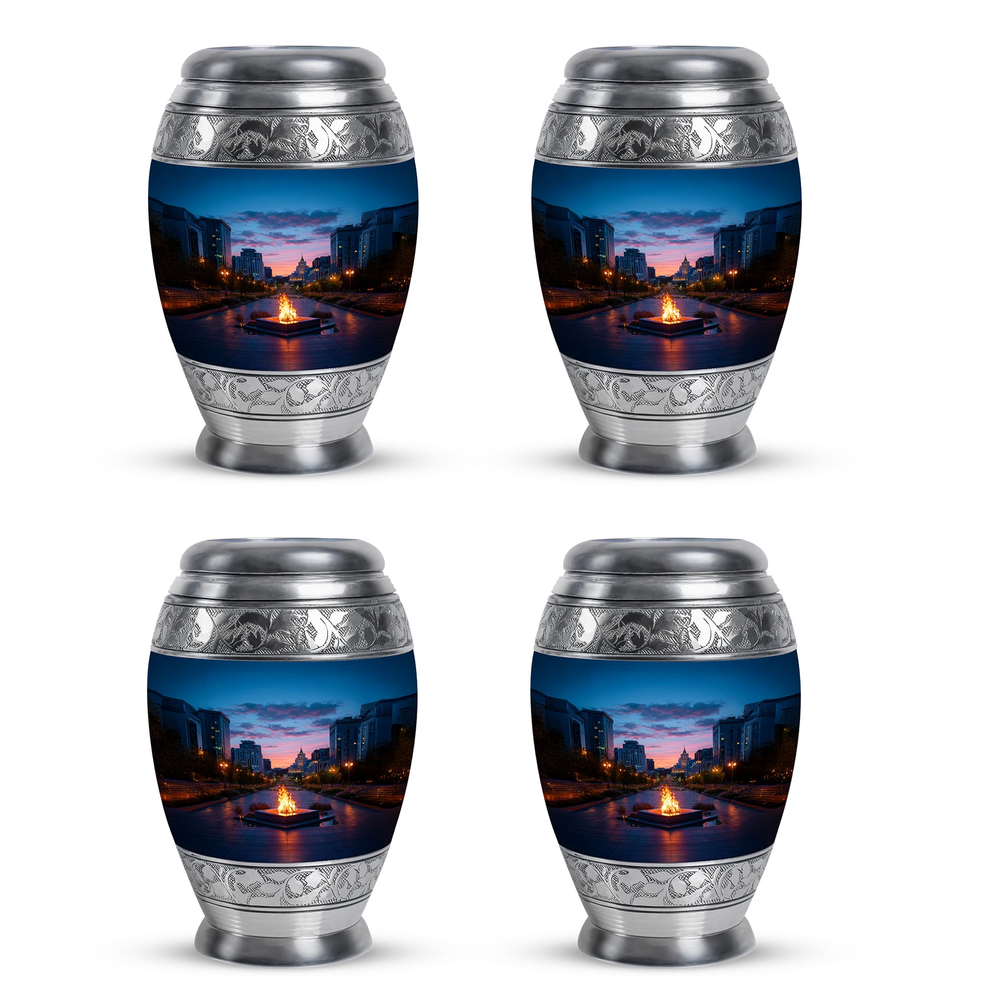 Azure Campfire Cremation Urn urn with complimentary velvet bag - ornate monarch-style campfire relief on brushed aluminum - 10 inch aluminum urn for cremated remains