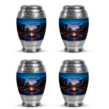 Azure Campfire Cremation Urn urn with complimentary velvet bag - ornate monarch-style campfire relief on brushed aluminum - 10 inch aluminum urn for cremated remains