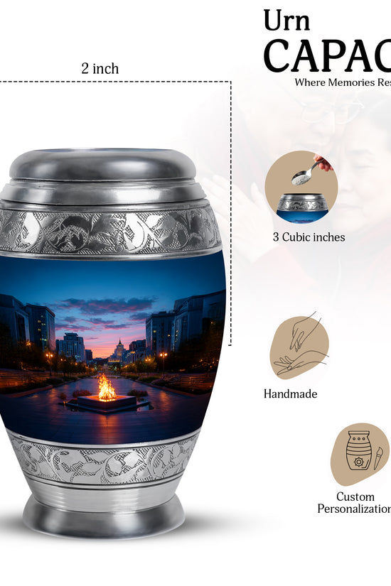 Indigo Campfire Cremation Urn lifestyle display on memorial shelf - regal campfire design with crown-inspired accents - mini keepsake memorial for portion of cremation ashes