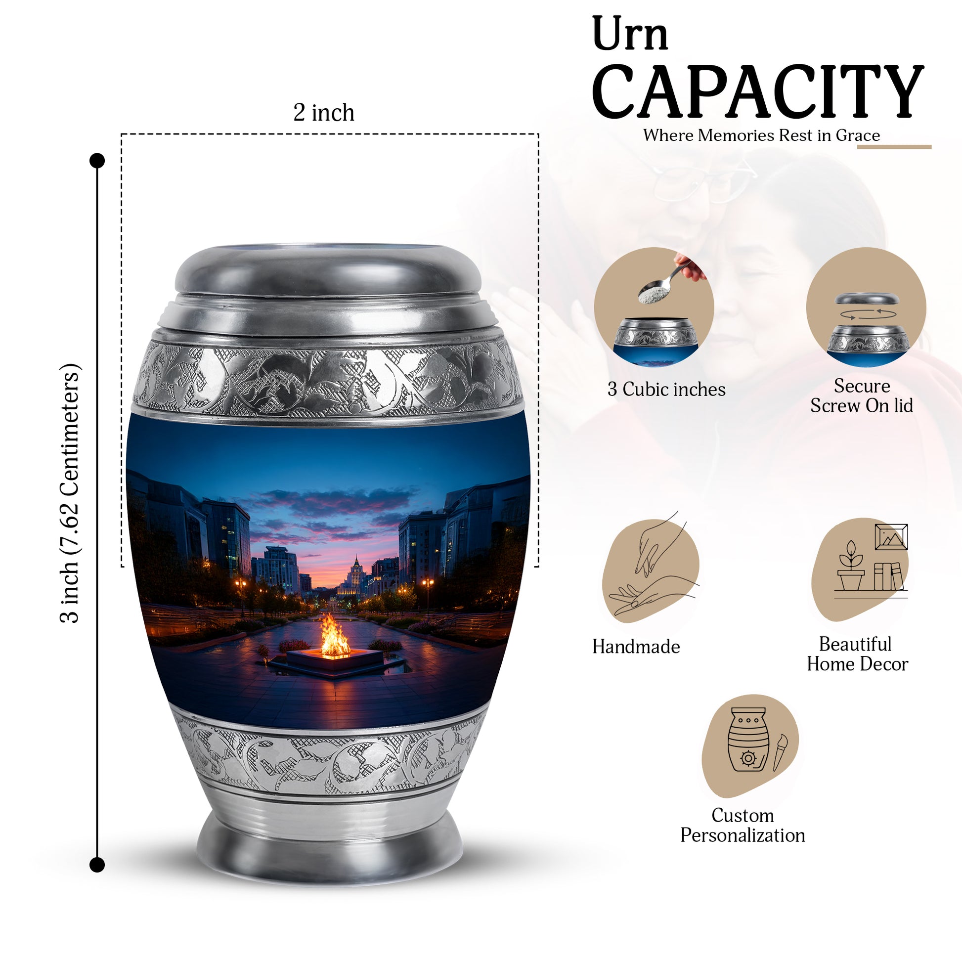 Indigo Campfire Cremation Urn lifestyle display on memorial shelf - regal campfire design with crown-inspired accents - mini keepsake memorial for portion of cremation ashes