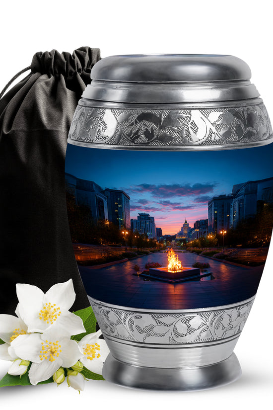 Slate Blue Campfire Cremation Urn back view with polished surface - ornate monarch-style campfire relief on brushed aluminum - full-size 10 inch 200 cubic inch adult cremation urn
