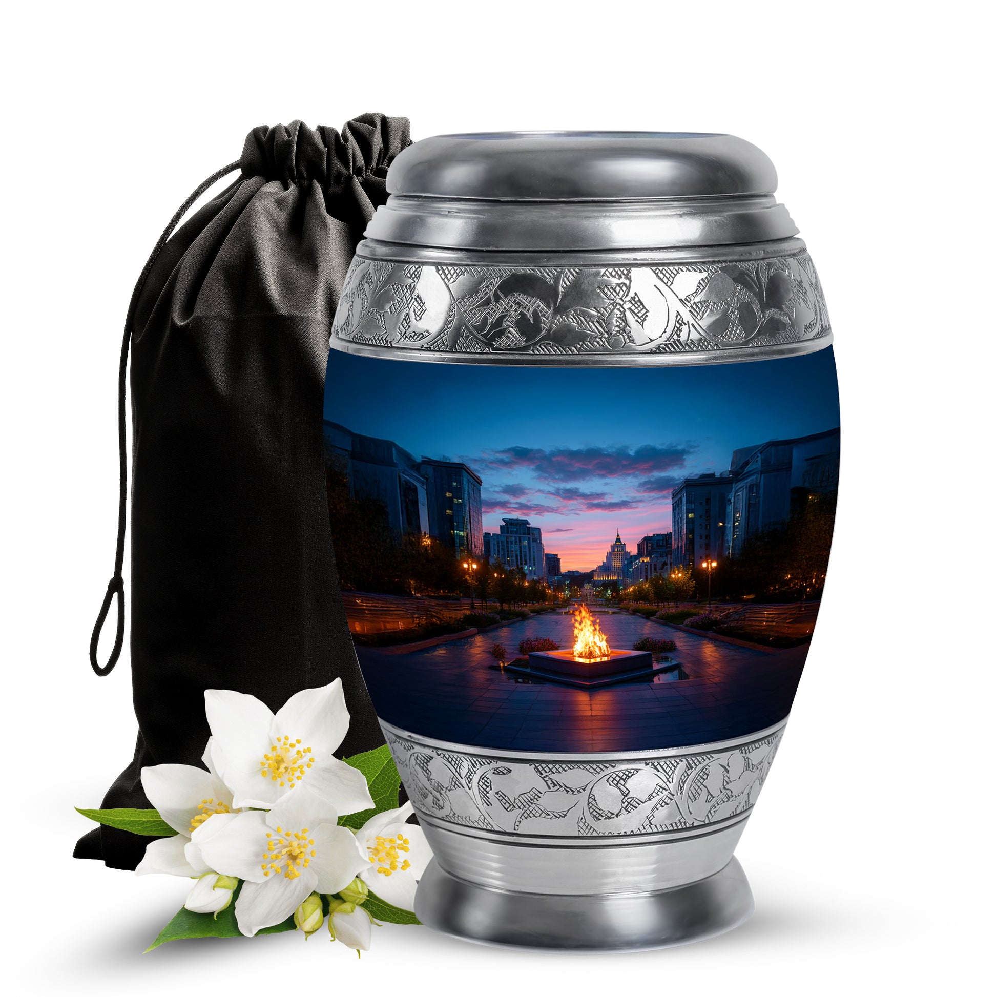Slate Blue Campfire Cremation Urn back view with polished surface - ornate monarch-style campfire relief on brushed aluminum - full-size 10 inch 200 cubic inch adult cremation urn