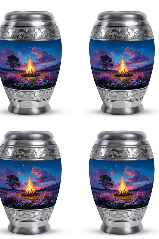 Sky Blue Campfire Cremation Urn urn with complimentary velvet bag - regal campfire design with crown-inspired accents - 10 inch aluminum urn for cremated remains
