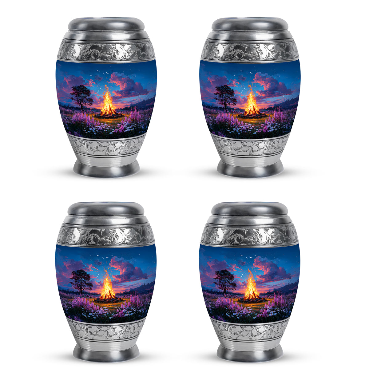 Sky Blue Campfire Cremation Urn urn with complimentary velvet bag - regal campfire design with crown-inspired accents - 10 inch aluminum urn for cremated remains