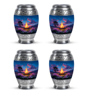 Sky Blue Campfire Cremation Urn urn with complimentary velvet bag - regal campfire design with crown-inspired accents - 10 inch aluminum urn for cremated remains