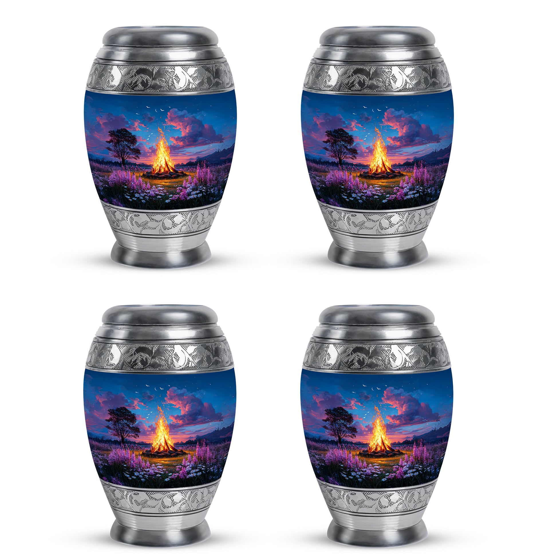 Sky Blue Campfire Cremation Urn urn with complimentary velvet bag - regal campfire design with crown-inspired accents - 10 inch aluminum urn for cremated remains