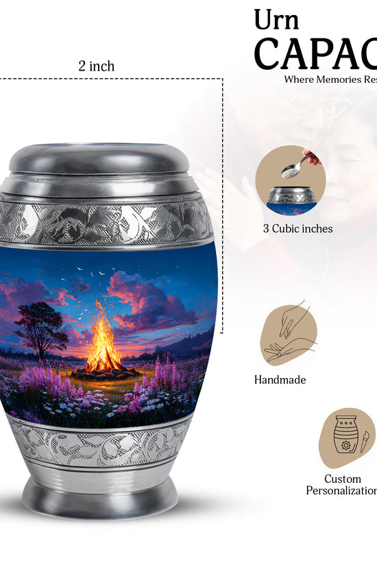 Celestial Blue Campfire Cremation Urn lifestyle display on memorial shelf - regal campfire design with crown-inspired accents - mini keepsake memorial for portion of cremation ashes