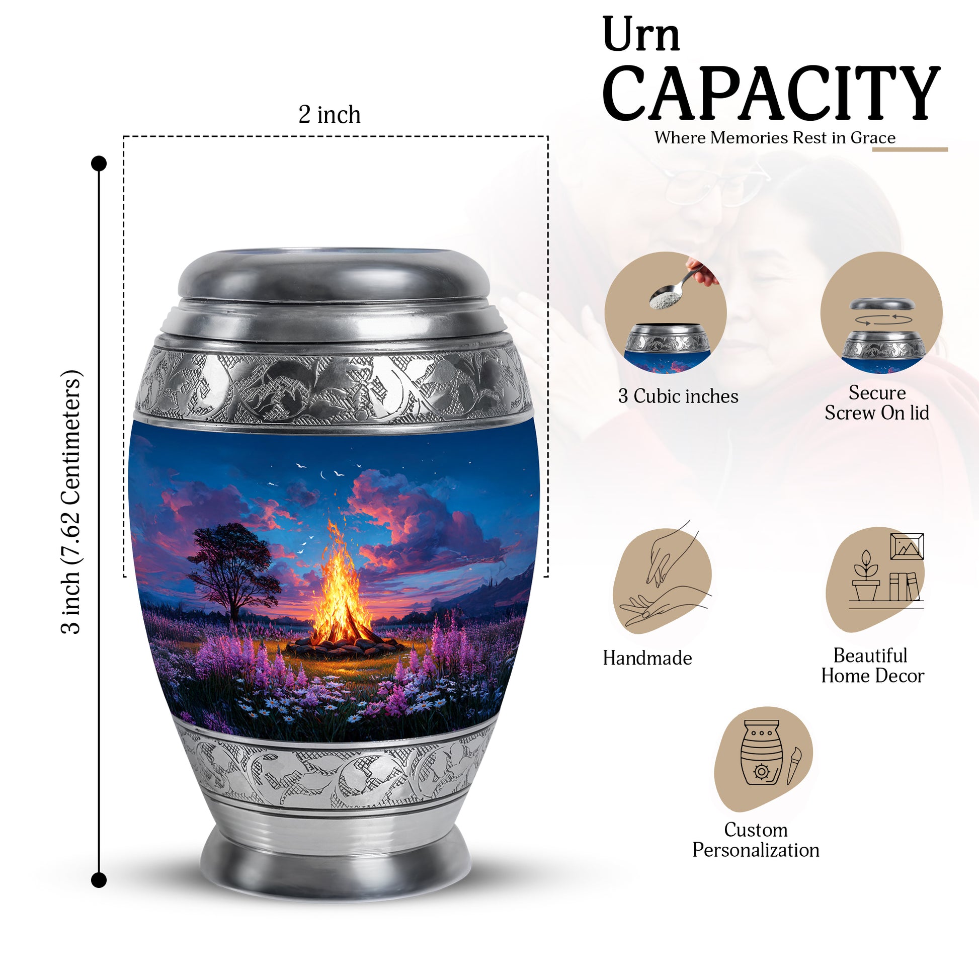 Celestial Blue Campfire Cremation Urn lifestyle display on memorial shelf - regal campfire design with crown-inspired accents - mini keepsake memorial for portion of cremation ashes