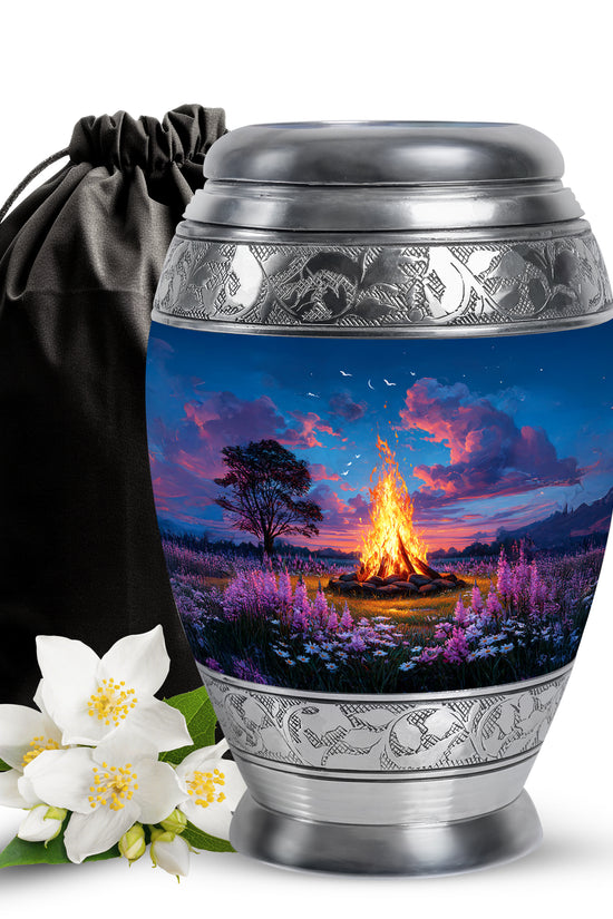 Sapphire Blue Campfire Cremation Urn back view with polished surface - royal campfire engraving with decorative scrollwork - full-size 10 inch 200 cubic inch adult cremation urn
