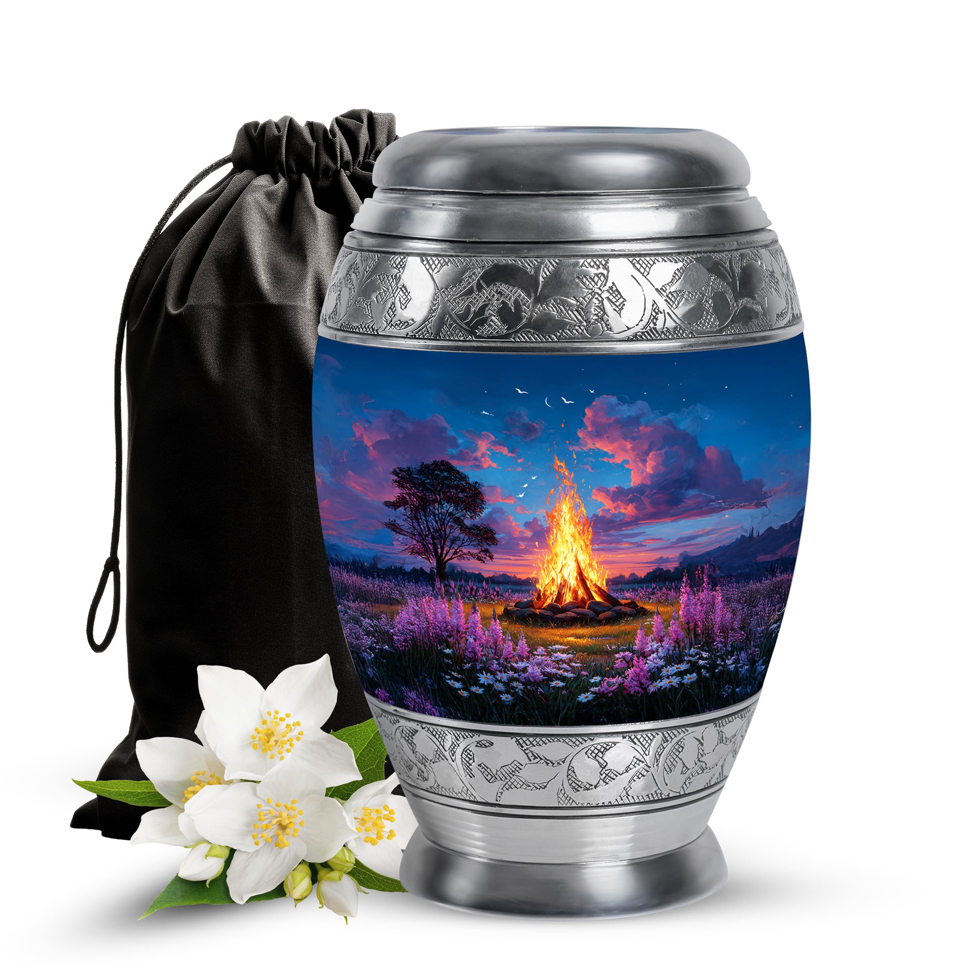 Sapphire Blue Campfire Cremation Urn back view with polished surface - royal campfire engraving with decorative scrollwork - full-size 10 inch 200 cubic inch adult cremation urn