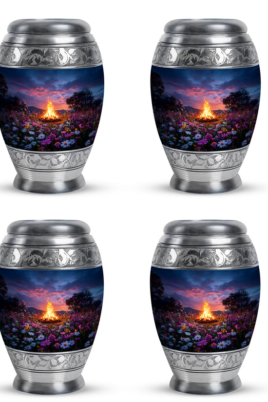 Misty Blue Campfire Cremation Urn urn with complimentary velvet bag - regal campfire design with crown-inspired accents - 10 inch aluminum urn for cremated remains