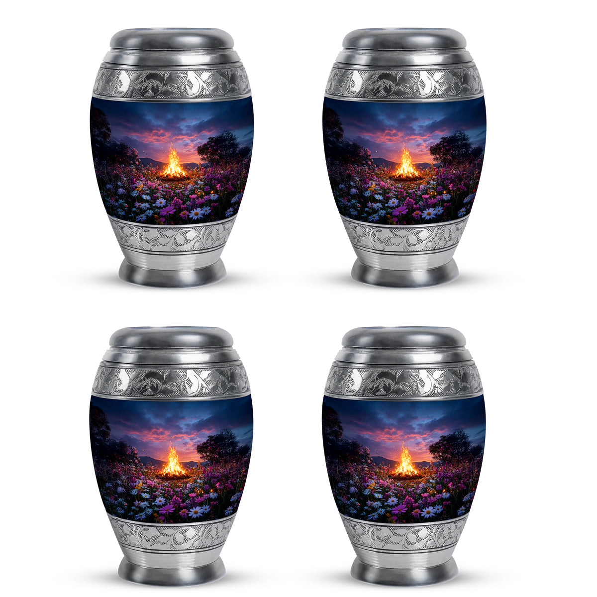 Misty Blue Campfire Cremation Urn urn with complimentary velvet bag - regal campfire design with crown-inspired accents - 10 inch aluminum urn for cremated remains